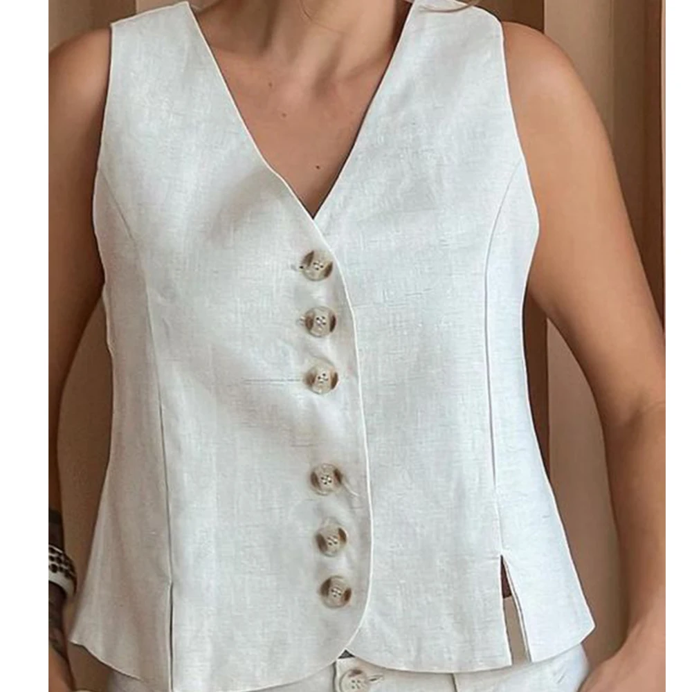 Summer Vests for Women Single Breasted Elegant Linen Long Casual V-Neck Waistcoat Clothes Coats Jackets Women's Clothing