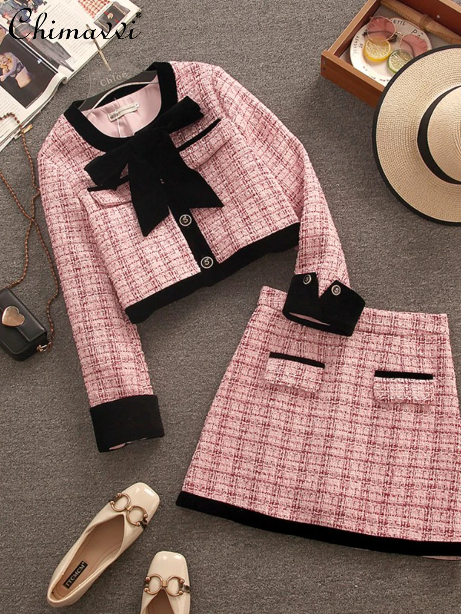 

Осенняя одежда, новая французская мода, однобортная куртка с длинным рукавом, короткая юбка, комплект из двух предметов, женская одежда