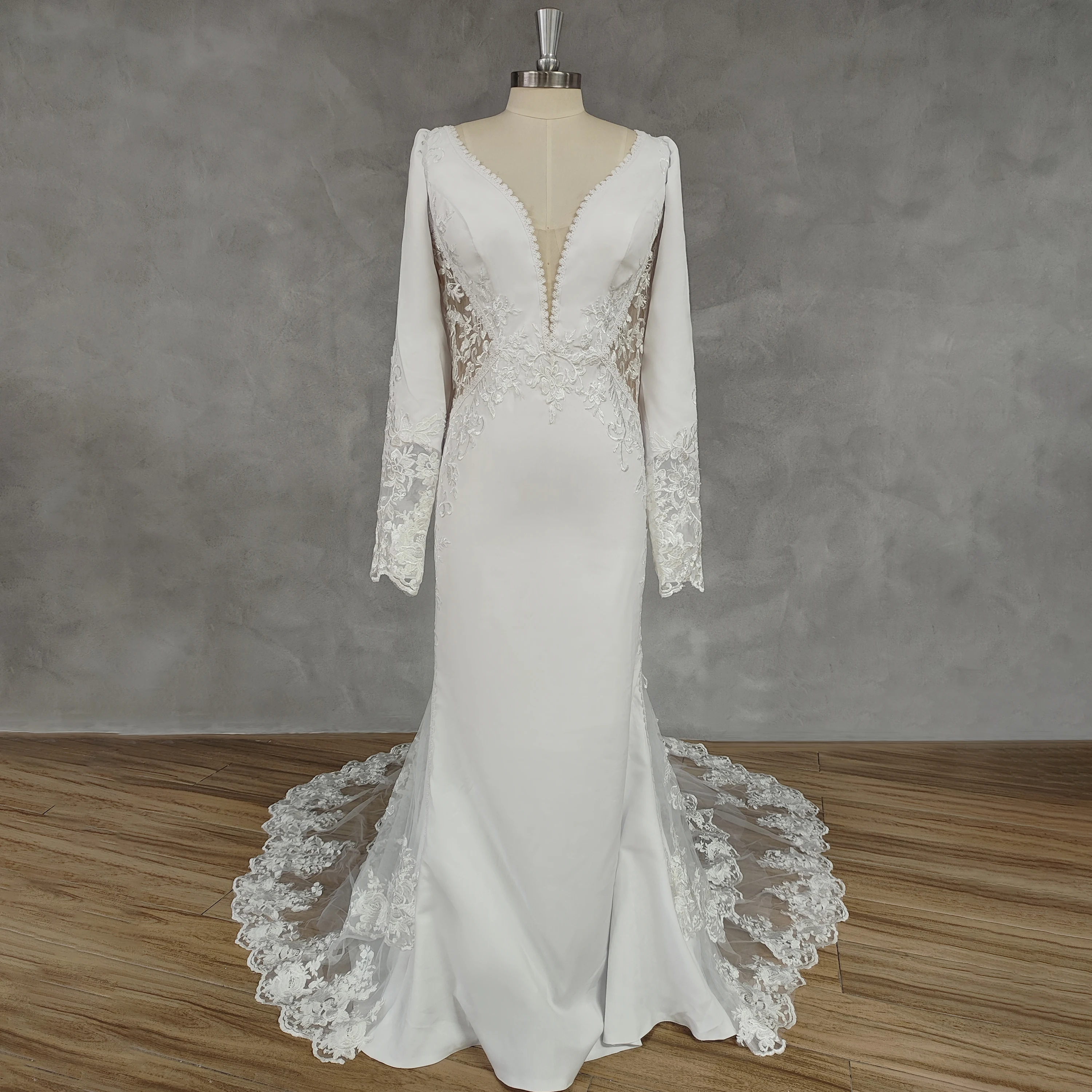 

DIDEYTTAWL Real Picture V-Neck Long Sleeves Lace Mermaid Wedding Dress For Women Elegant Illusion Back Court Train Bridal Gown