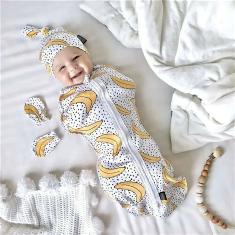 0-6m Newborn Sleeping Bags Cartoon Animal Print Zipper Baby Girls Boys Swaddle Wrap Blanket + Hat