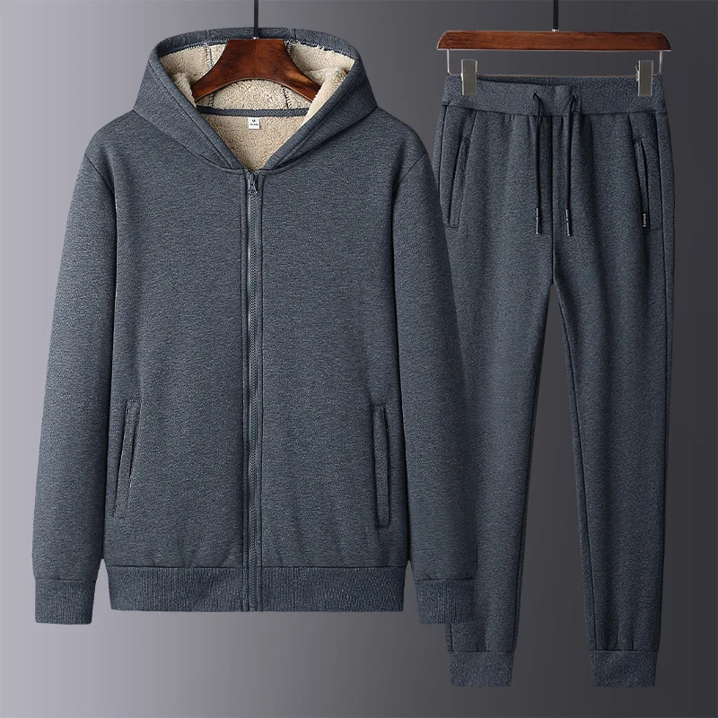 New Men'S Autumn Winter Fashion Middle-Aged And Elderly Leisure Thickened Warm Pure Cotton Hooded Lamb Cashmere Sports Set