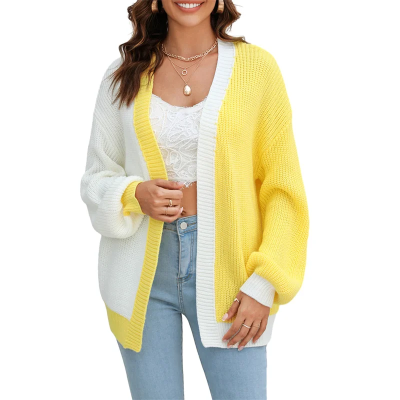 

Fashion Street Contrast Color Sweaters Warm Winter Autumn Coats Women Long Sleeve Open Stitch Casual Loose Cardigan Knit Tops