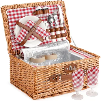 HOME Wicker Picnic Basket for 2 Person, Willow Hamper Basket Sets with Insulated Compartment 2
