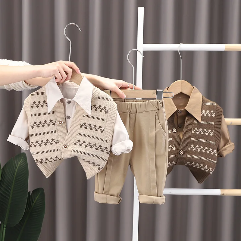 

LZH Children's Clothing 2023 Autumn Long Sleeve Kids Clothes For Boys Fashion Sweater Cardigan+T-shirt+Pants 3 Pcs Set 1-4 Years