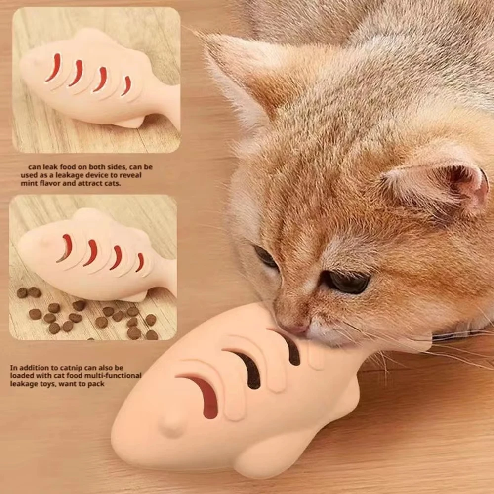 인터랙티브 물고기 모양 고양이 장난감 실리콘 캣닙 씹는 장난감 간식 디스펜서 지루함 해소 치아 청소 애완용품