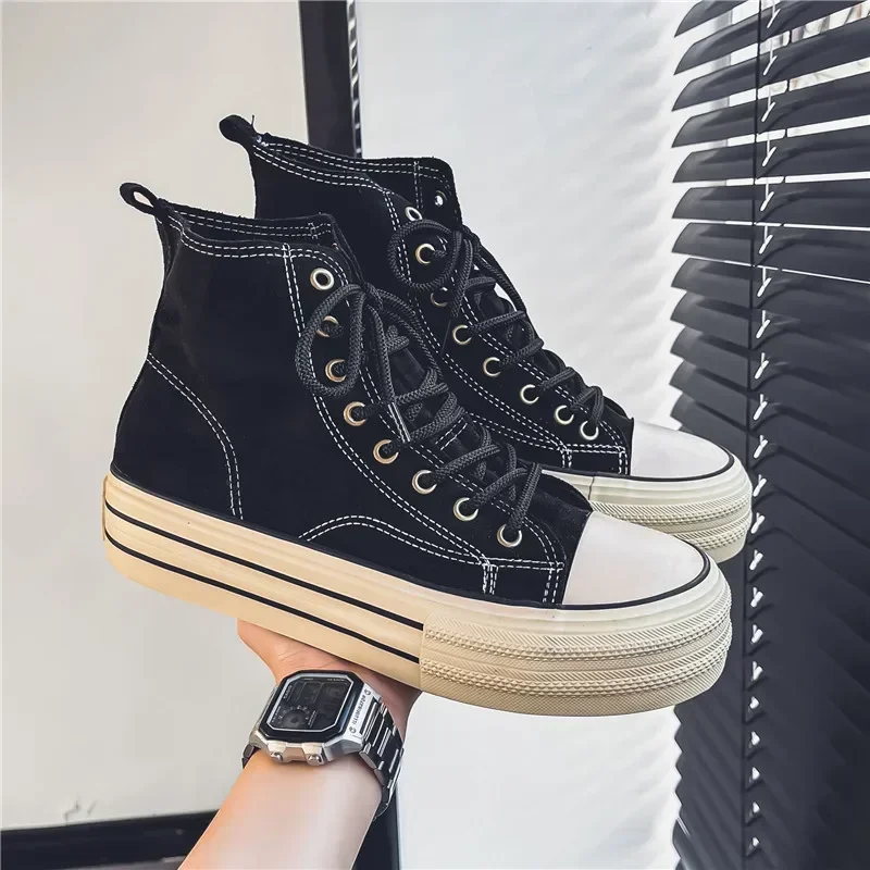 Fashion Korean High Top Sneakers for Men Classic Black White Version Ankle Boots for Women Thick Sole Trend Velvet Canvas Shoes