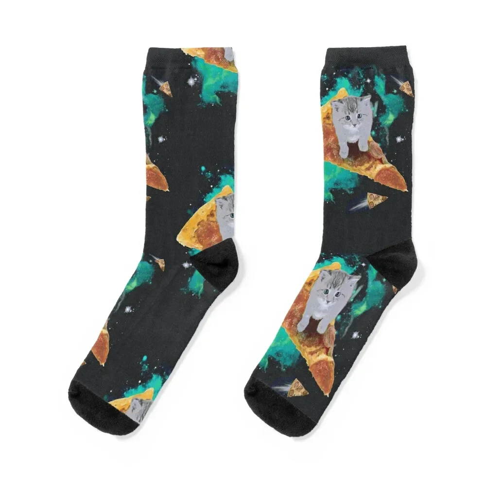 

Cat Riding Pizza Galaxy Kitten Outerspace Neon Socks retro japanese fashion Boy Socks Women's