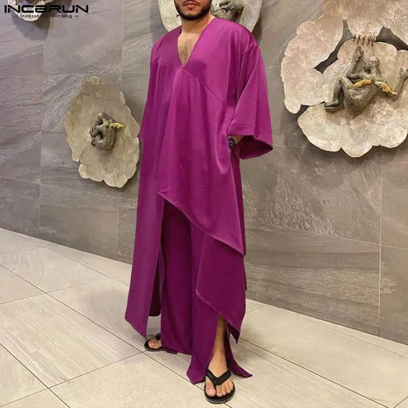 

INCERUN Muslim Style New Men Sets V-Neck Irregular Hem 3/4 Sleeve Solid Color Robe Split Pants Stylish Male Two Piece Sets S-5XL