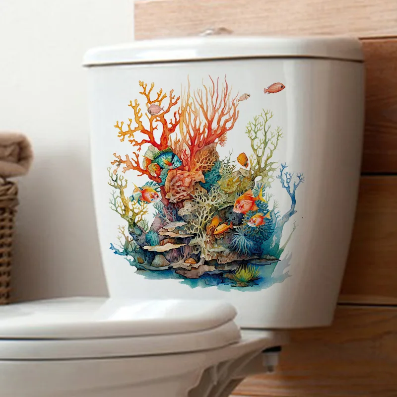 Toilet Wall Stickers T743#Underwater World Self Adhesive Mural Bathroom Toilet Decor Living Room Cabinet Home Decoration