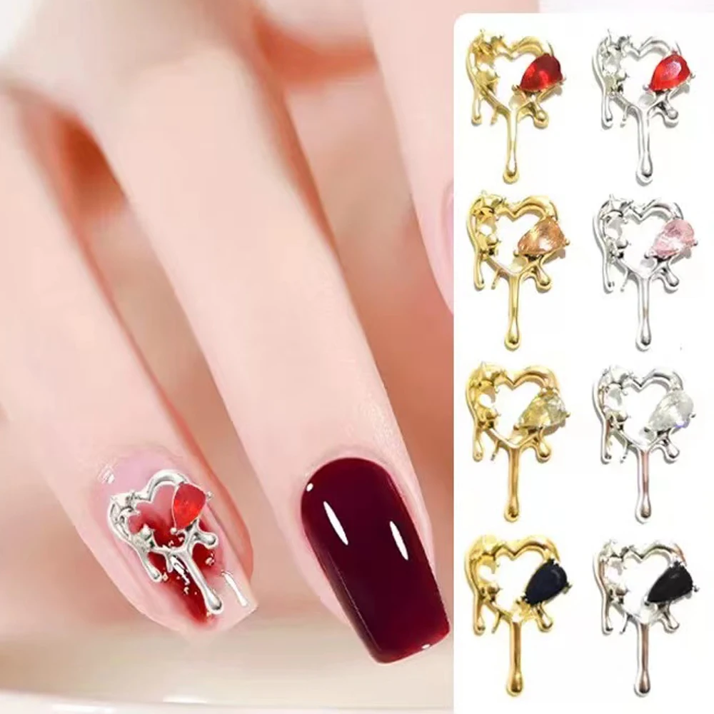 10Pcs Chrome Lava Gem Heart Nail Charm 3D Gold/Silver Frame Liquid Lava Love Crystal Gem Decorazione Per Unghie Accessori Per Unghie Fai Da Te