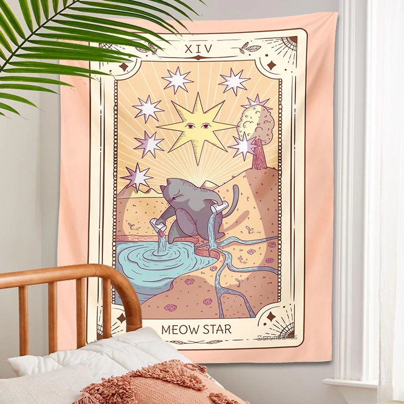 Cute Cat Tarot Tapestry Wall Hanging psychedelic decoration Witchy Boho sun moon Star Tapestries Living Room Kids Room Bedroom tapestry decorations