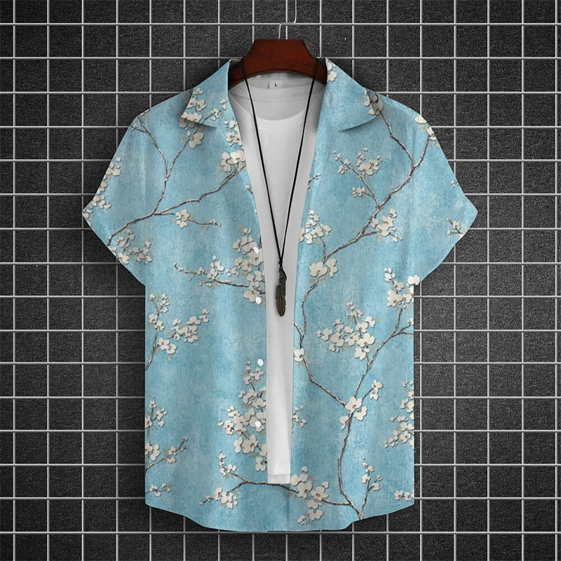 Simple Hawaiian Men's Beach Shirts 3d Flower Print Summer Casual Short Sleeve Daily Street Tops Tees New Fashion Men Clothing 4