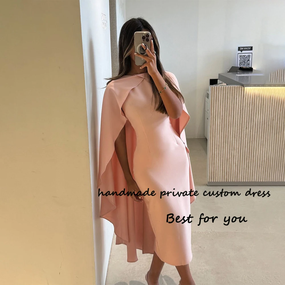 

Pink Spandex Satin Mermaid Evening Prom Dresses with Cape Arabian Dubai Formal Dress Tea Length Wedding Party Gowns