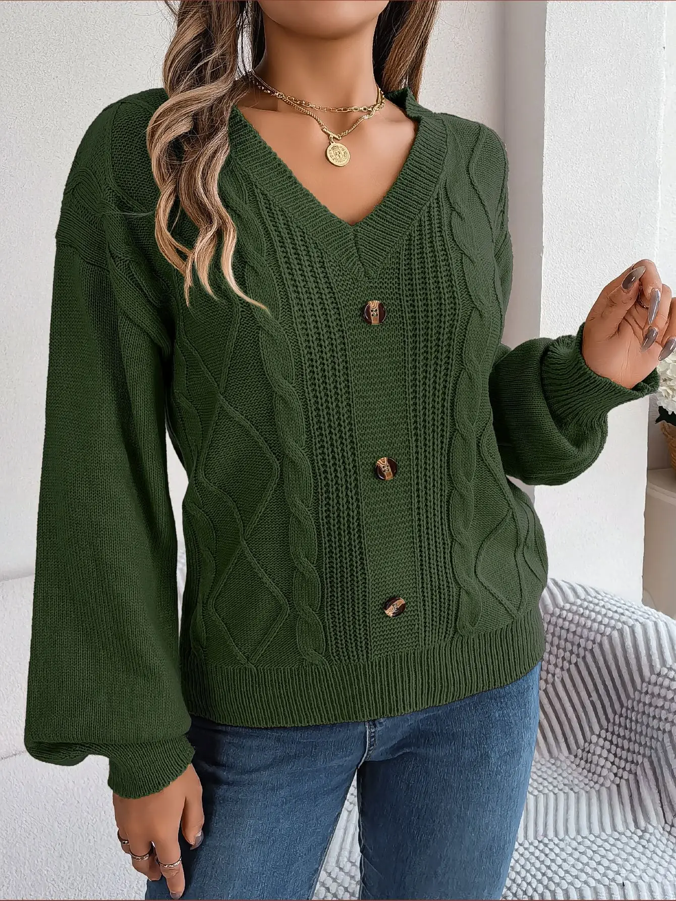 Cozy Cowl Neck Knit Sweater – Soft Button-Sleeve Pullover for Effortless Style