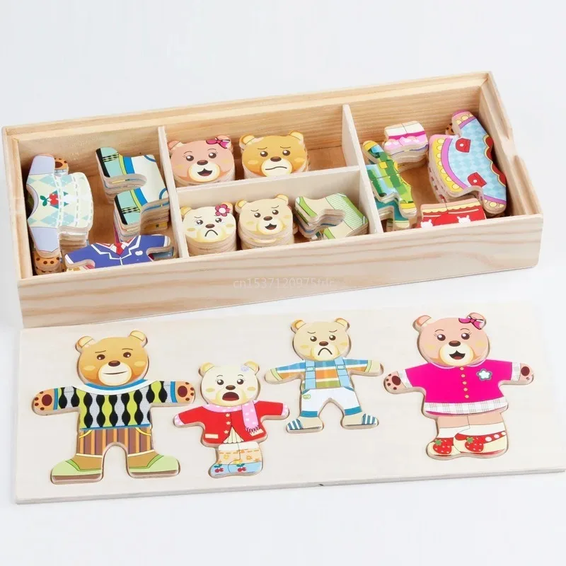 Little Bear Change Clothes Children's Early Education Wooden Jigsaw Puzzle Dressing Game Baby Puzzle Toys for Children Gift 3