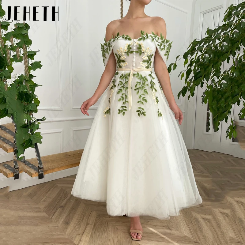 

JEHETH Flowers Appliques Tulle Prom Dress Off Shoulder Sweetheart Evening Gown Backless A-Line Party Tea-Length Robes De Soirée