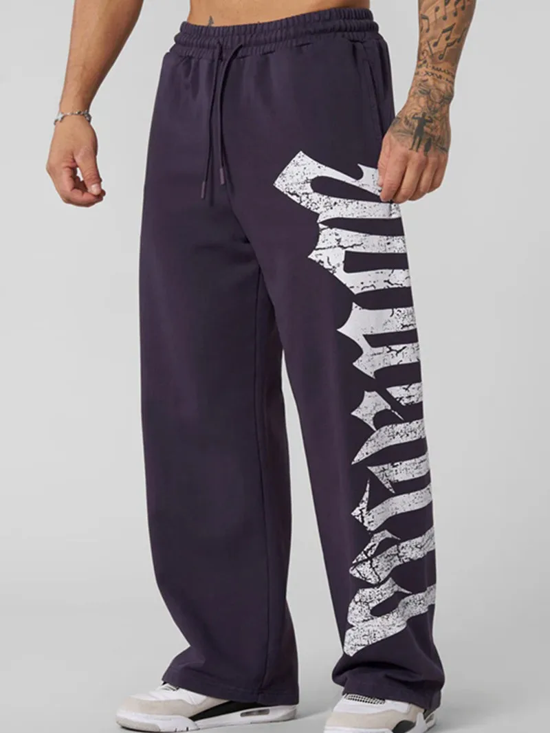 Men&rsquo;s Wide Leg Athletic Pants Printed Casual Joggers Gym Running Training Loose Fit Trousers Pockets Sweatpants Streetwear
