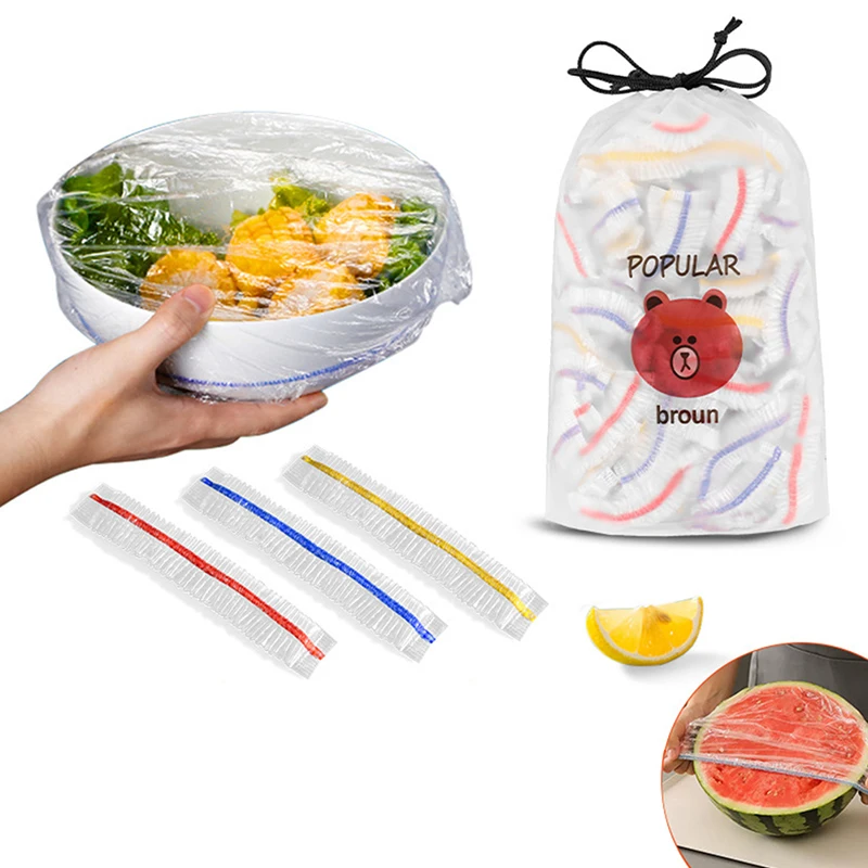 

100 Pcs Colorful Disposable Food Cover Elastic Plastic Wrap Food Grade PE Fresh Keep Film Bag Thickened Disposable Bowl Cover