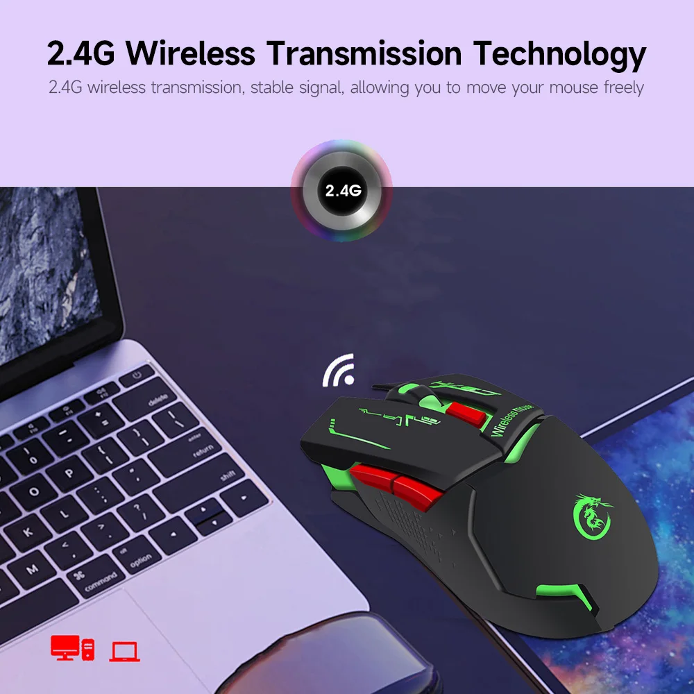 best wireless mouse HXSJ X30 2.4G Wireless Rechargeable Mouse Ergonomic Mouse 3 Adjustable DPI Colorful Breathing Light Plug and Play Black white computer mouse