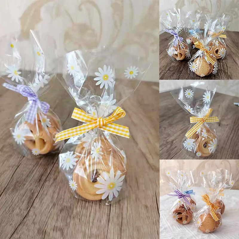 50/100pcs 데이지 사탕 가방 투명 꽃 쿠키 베이킹 포장 가방 결혼식 생일 파티 DIY 선물 포장 용품