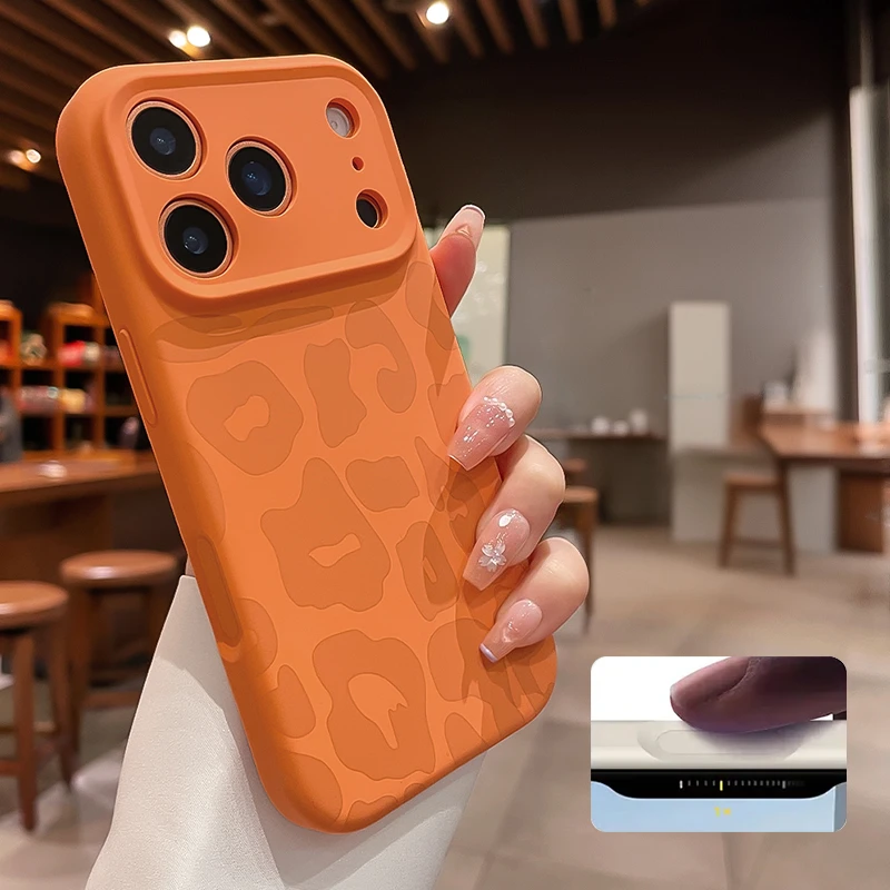 Capa de silicone líquido com estampa de leopardo para iPhone 17, 16 Pro Max, Air 14, 15 Plus, 11, 12, com botões de controle da câmera, macia e resistente a impactos._voghion.com