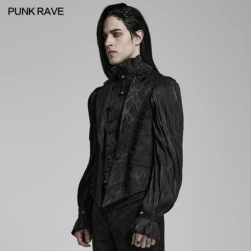 PUNK RAVE Men's Gothic Gorgeous Lace Decoration Asymmetric Lapel Waistcoat Unique Pointed Outline Elements Party Long Sleeve Top 2