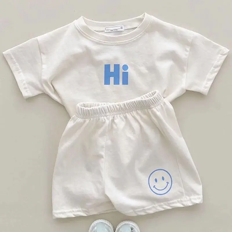 baby clothes set gift Summer New Baby Short Sleeve Suit Boy Baby Smiling Face Hit Shirt + Shorts Home Two-piece Set Girl Baby Cotton Sportswear Baby Baby Clothing Set comfotable