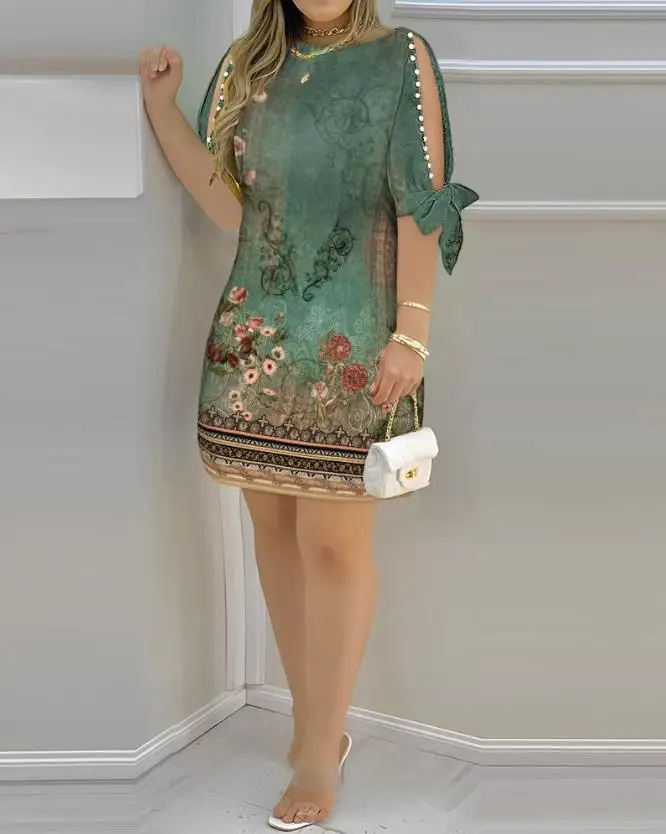 

Women's Dresses 2023 New Vintage Floral Tribal Print Split Sleeve Pearls Decor Casual Dress Half-Sleeved Straight Mini Dress