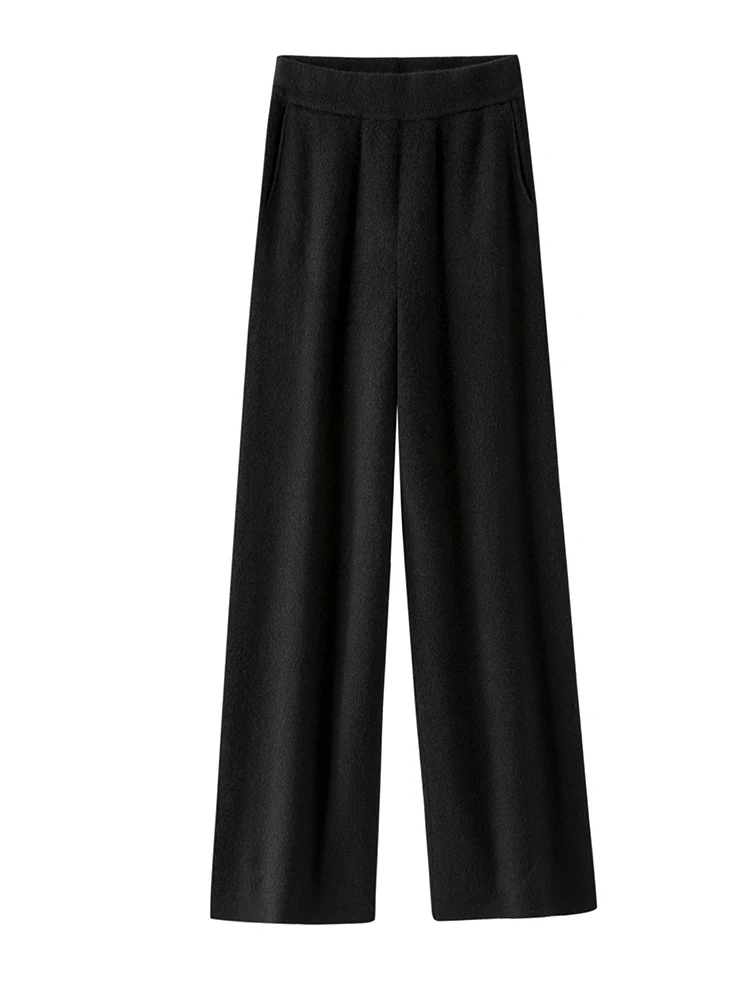 Women High Waist Wide Leg Pants For Winter 100% Merino Wool Trousers Thick Warm Solid Basic Casual Knitwear Korean Fashion Tops