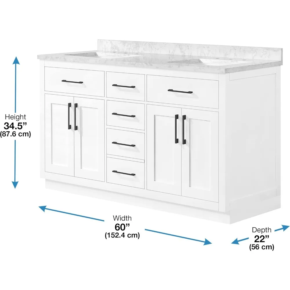 60" Double Undermount Sink Bathroom Vanity with Cultured Marble Countertop, Backsplash Included, 4 Doors 5 Drawers and Power Bar 2