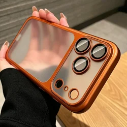 Luxury Sky Blue Plating Transparent Case with Air Lens Protection and Matte Backplate Cover - iPhone 15 (Orange)