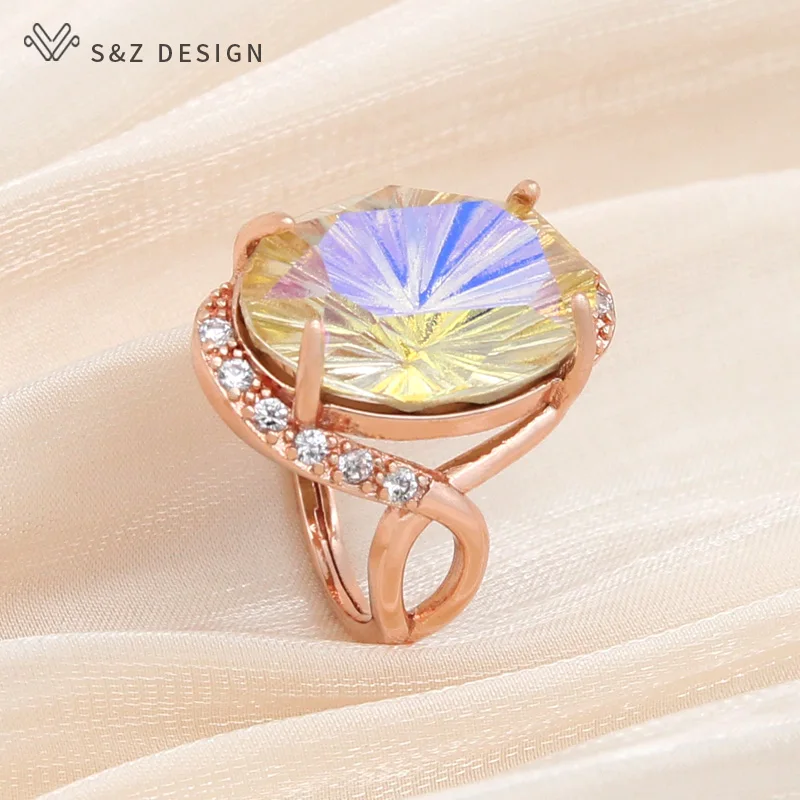 S&Z DESIGN New Fashion 585 Rose Gold Color Egg Shape Oval Crystal Rings For Women Wedding Party Elegant Jewelry Trendy Gift