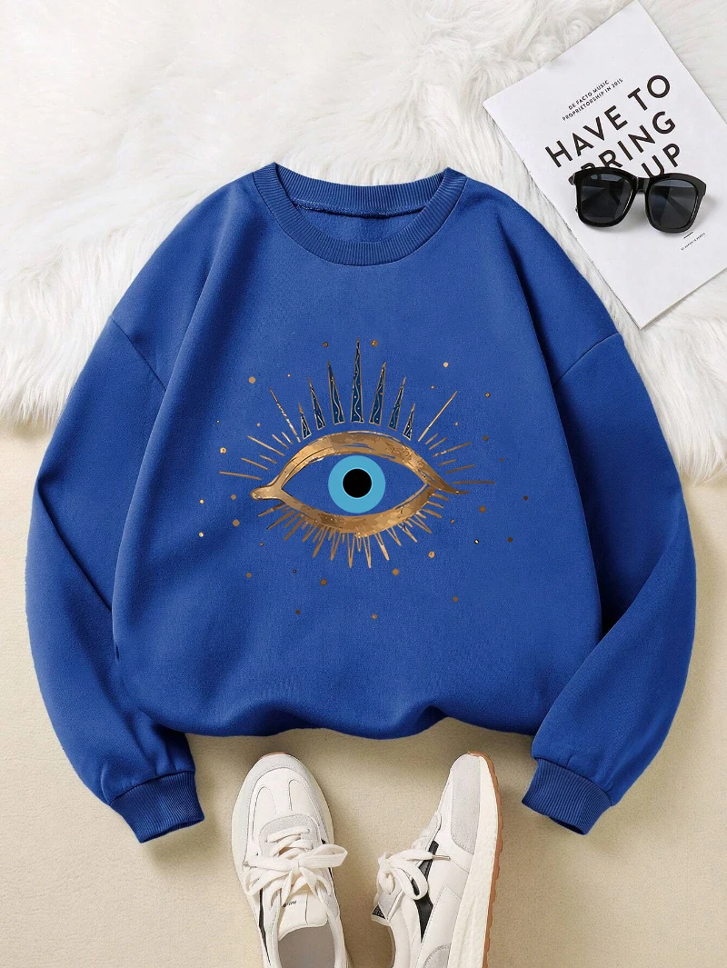 Casual Womens Sweatshirt Vintage Devil's Eye Prints Pullover Soft Breathable Loose Crewneck Hoodie Autumn Winter Female Clothing