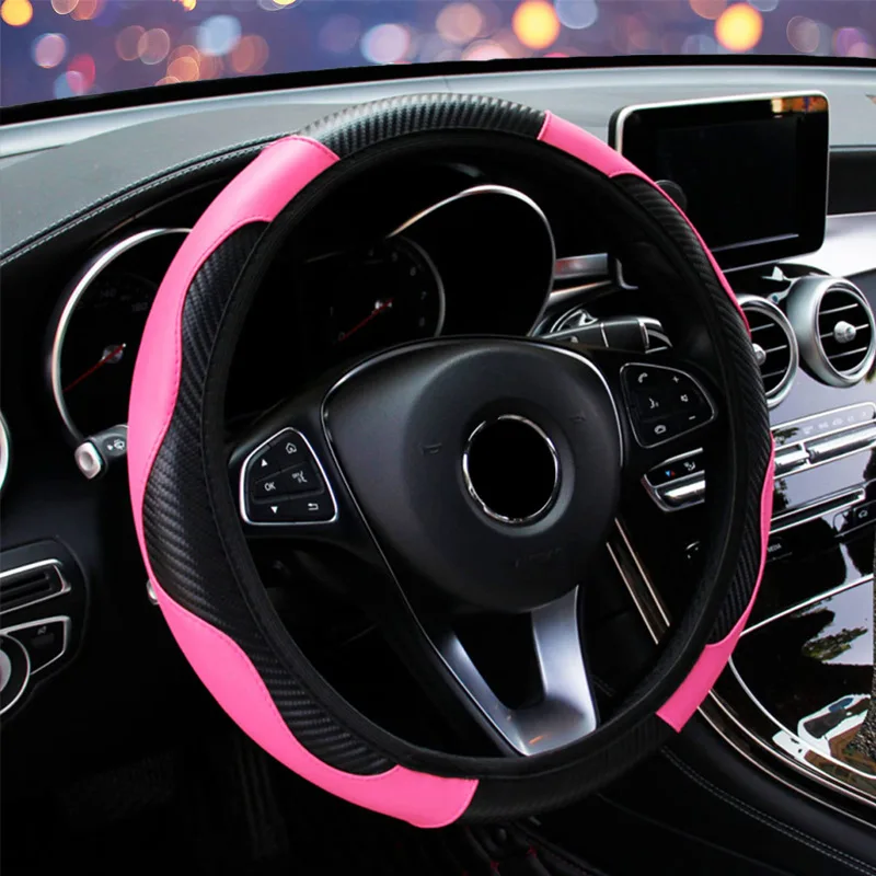 Steering Wheel Cover Breathable Anti Slip PU Leather Suitable 37-38cm Auto Decoration Carbon Fiber accesory