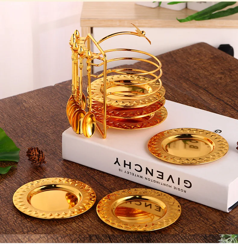 

New Metal 13-Piece Coaster Cup Saucer Cake Plate Saucer Tea Dish Soft Snack Snack Dish Golden Home