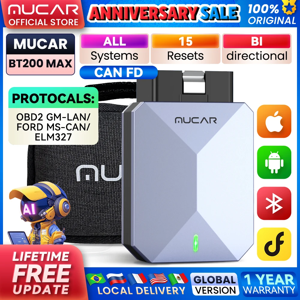 MUCAR BT200 MAX AI OBD2 Scanner CAN FD Car Diagnostic Tool Full System Scan Tool Bi-Directional Control ELM327 Automotive Tools