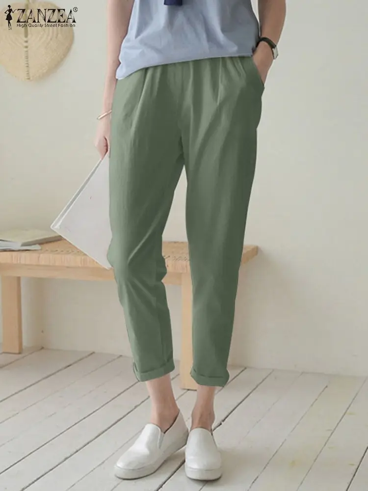 

2023 ZANZEA Fashion Trousers Summer Woman Solid Color Pant Femme Ankle Length OL Office Pantalon Casual Vintage Elastic Palazzo
