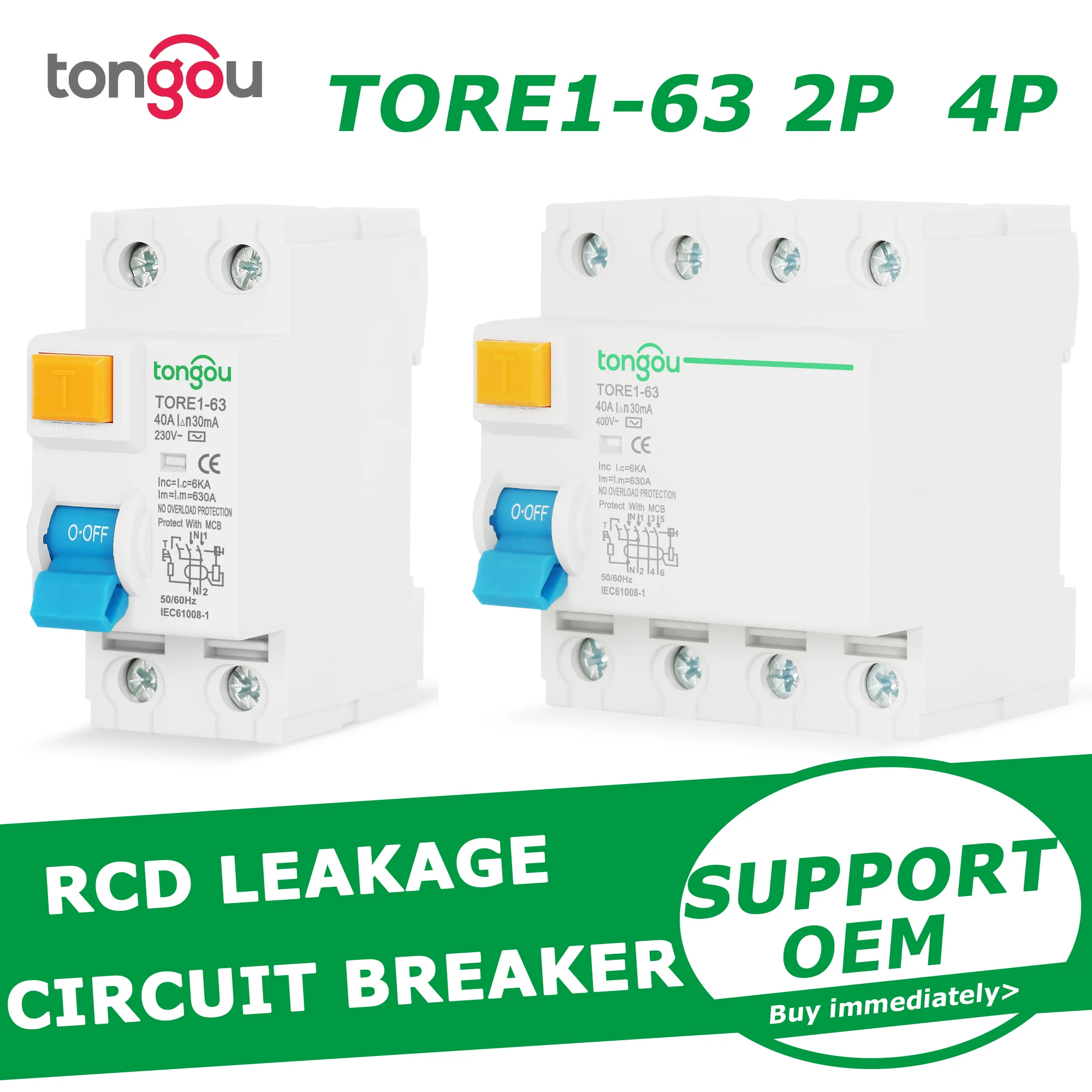 RCCB RCD 2P 4P 63A 10mA 30mA 6KA 230/400V Electromechanic Residual Current Circuit Breaker circuit breaker