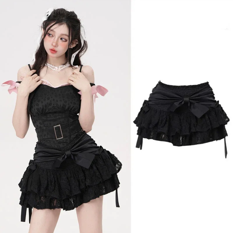 

Black Bow Mini Fluffy Skirt Women Slim Sexy Cake Skirt Female Irregular Hem Shorts Awkwardness Korean Fashion Punk 2023 Summer