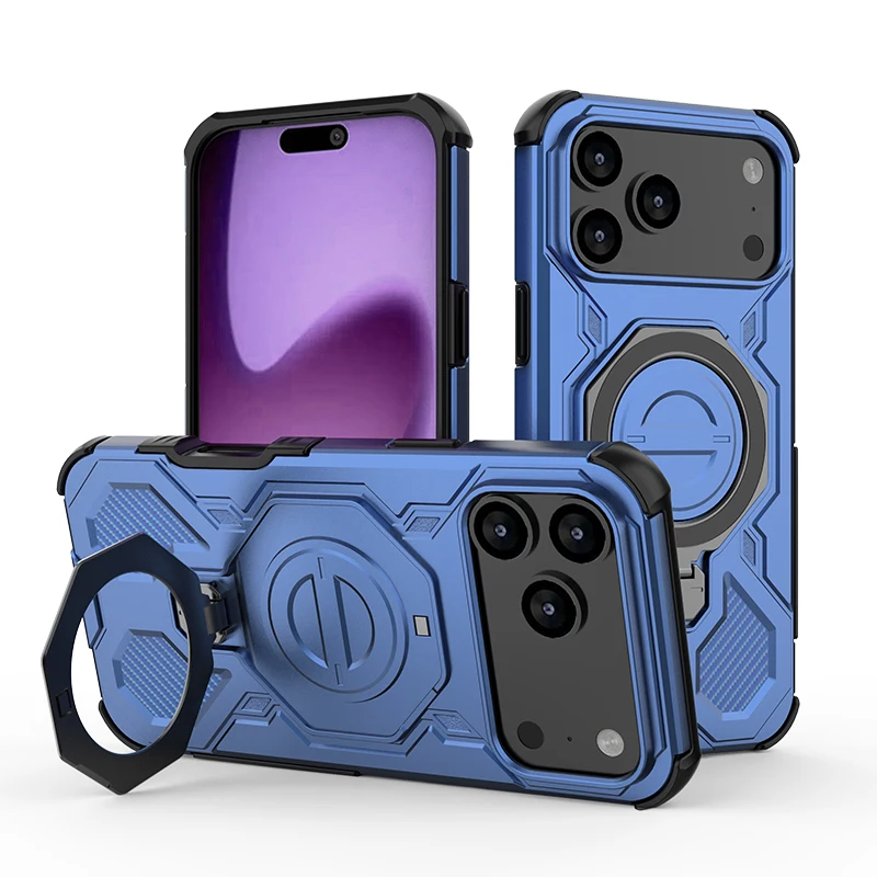360° Rotating Magnetic Metal Ring Holder Shockproof Phone Case with TPU Frame and Plastic Back Cover