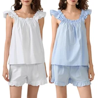 Womens Pajama Sets Women's Summer 2PCS Pajamas Sets Sleeveless Backless Sling Vest + Solid Color Ruffle Shorts