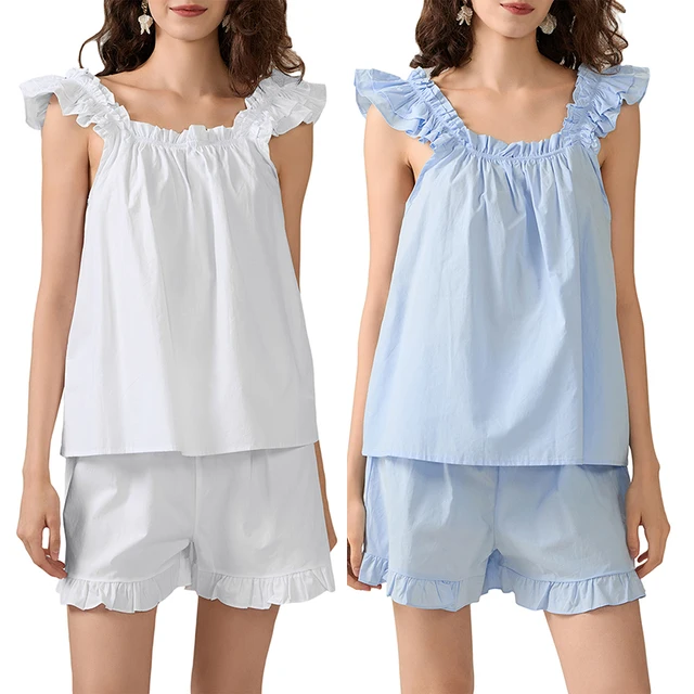Womens Pajama Sets Women's Summer 2PCS Pajamas Sets Sleeveless Backless Sling Vest + Solid Color Ruffle Shorts