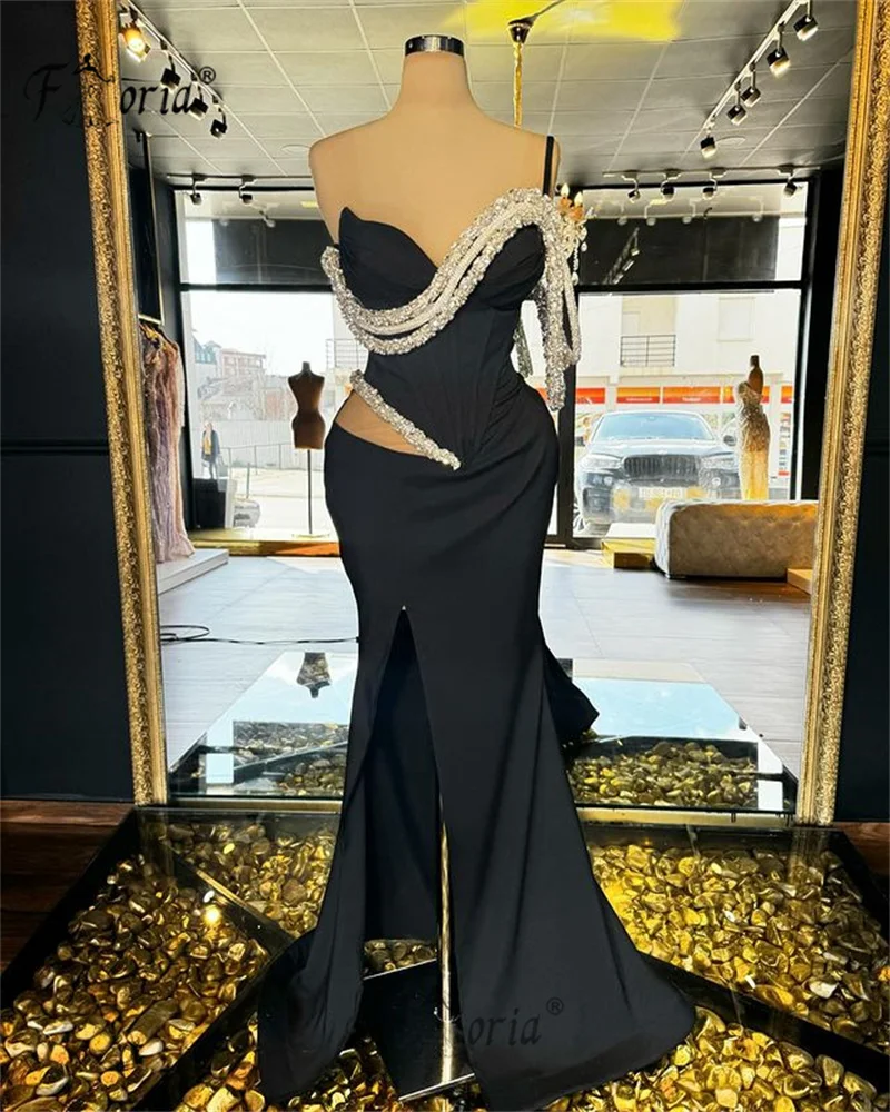 

Женское длинное вечернее платье с юбкой-годе, черное простое официальное платье с разрезом, блестящей цепочкой без рукавов, Длинное Элегантное платье на заказ, 2024