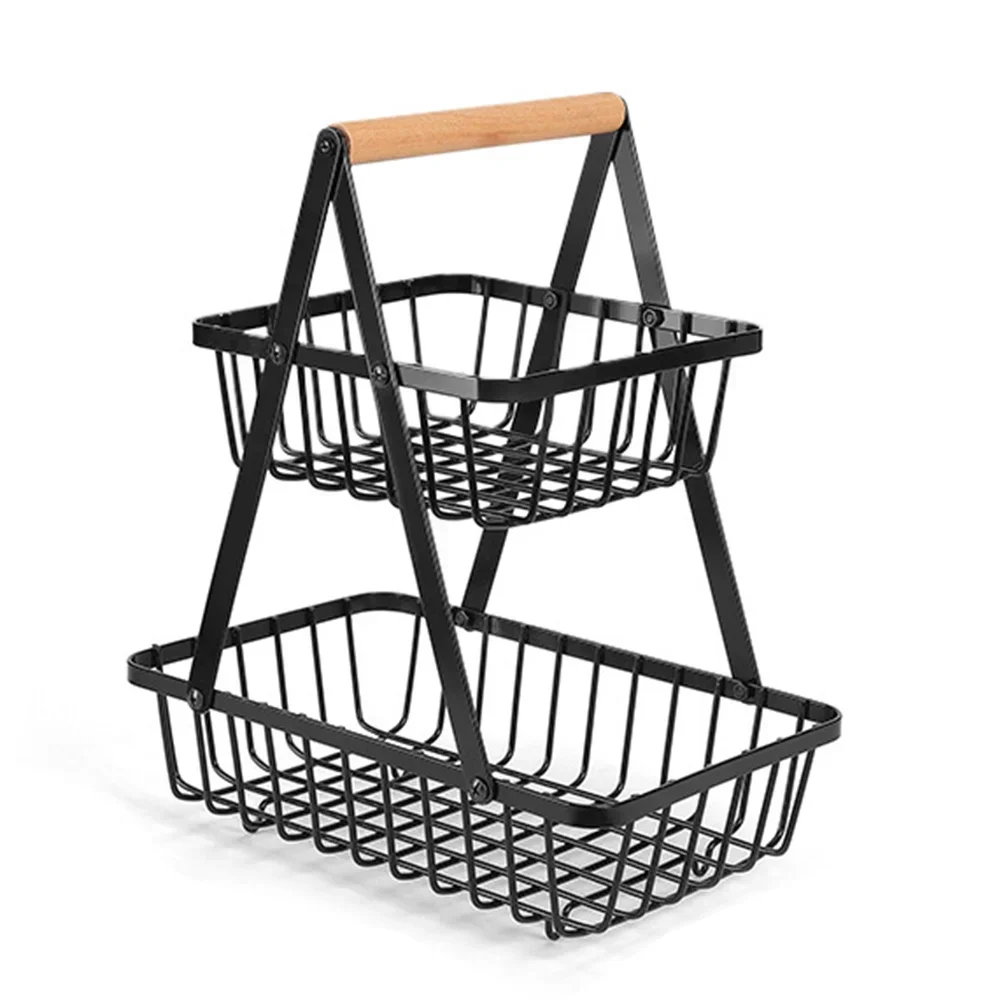 

2-Tier Metal Fruit Basket Portable Snacks Storage Shelf Large Capacity Detachable Shelf Rack Wooden Handle for Camping Picnic