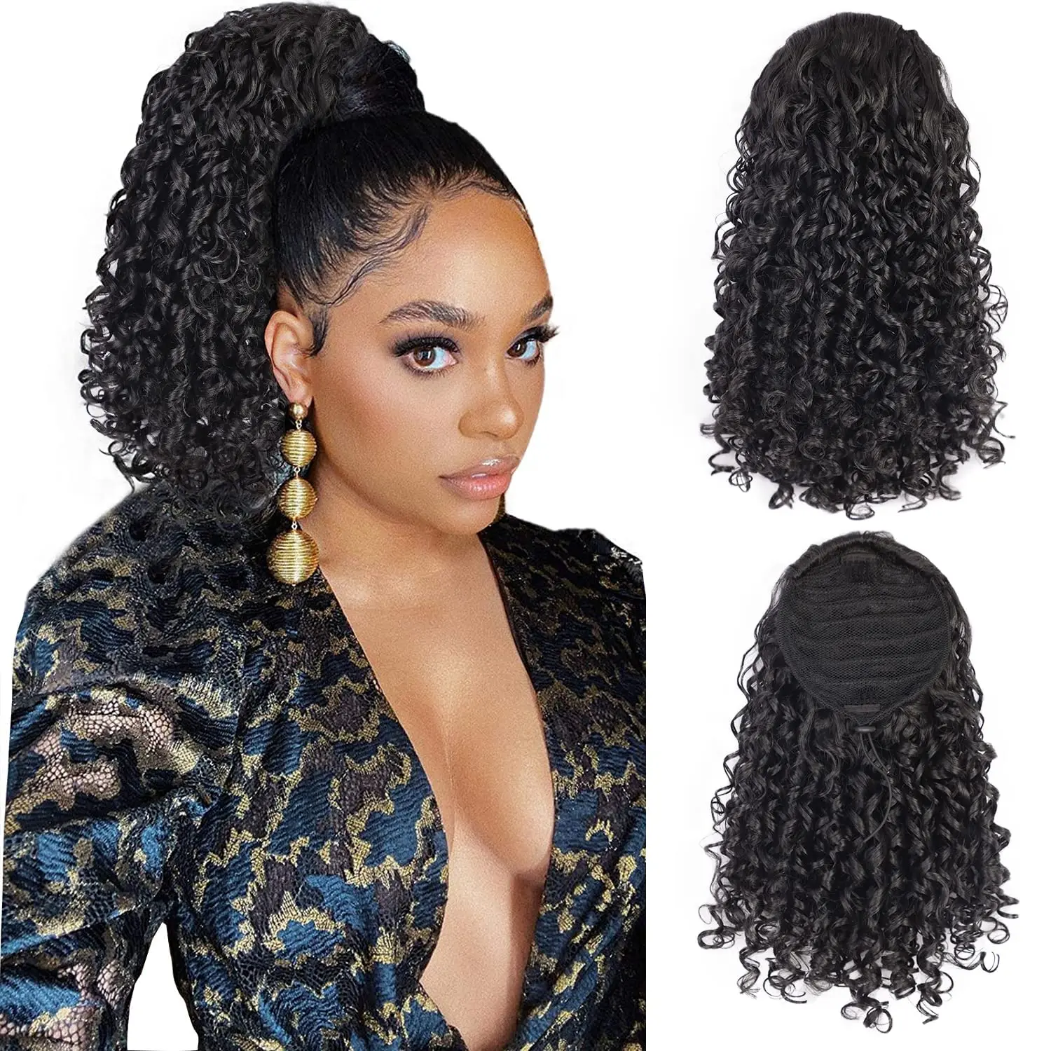 Curly Ponytail Extension Drawstring Ponytail Deep Wave Ponytail 100% Human Hair Ponytail with 2 Clips in Natural Black for Women