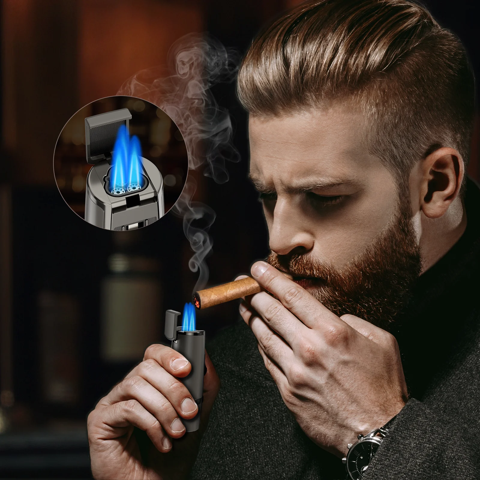 Butane Lighter Cigar Lighter and Cutter Set Torch Built in Cigar Punch V Cut Dual Stand Cigar Draw Enhancer