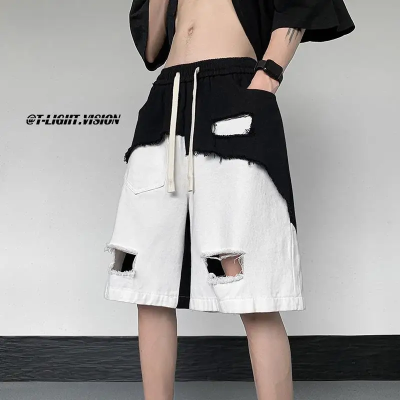 Irregular Ripped Denim Shorts Men'S Design Sense Contrast Paneled Raw Pants Summer American High Street Pants
