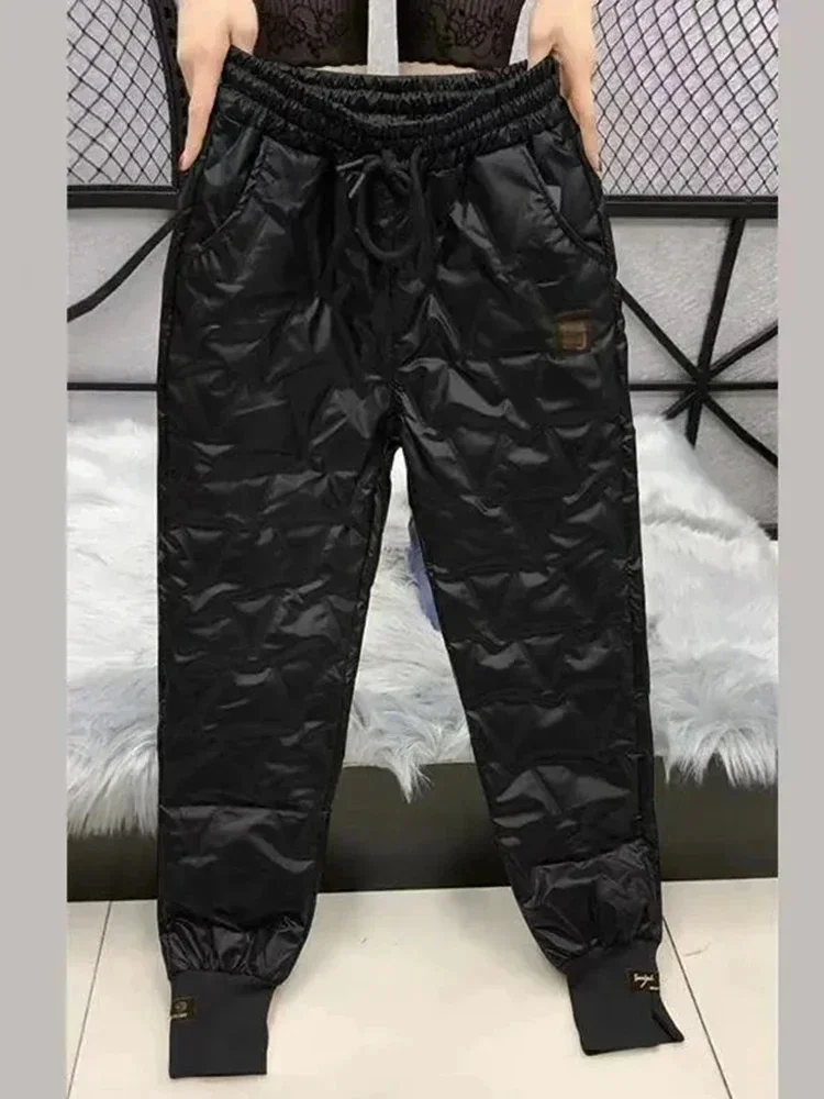 Winter Oversized Down Cotton Pencil Pants Warm Korean Fashion Slim Thick Women Pantalones Casual High Wais Black Trousers 4XL 4