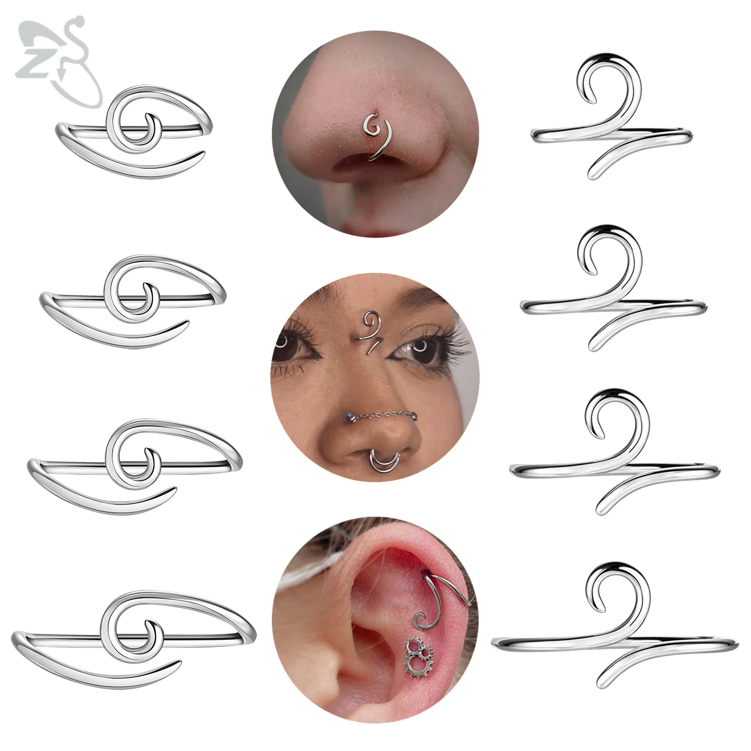 ZS 1 PC 16G 925 Sterling Silver Nose Stud Women Men Hypoallergenic Spiral Bridge Piercing Nostril Conch Piercings 10/12/14/16MM