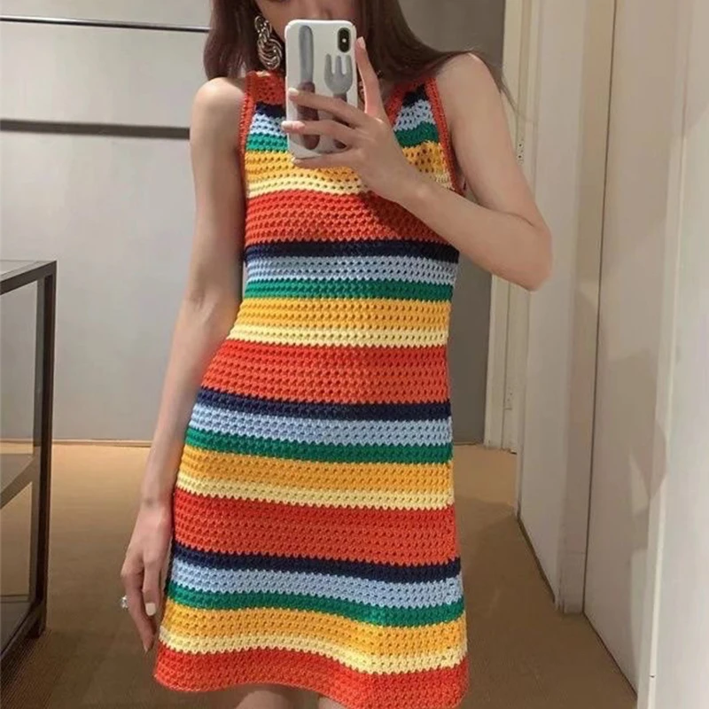 

Женское трикотажное платье без рукавов, Радужное разноцветное платье в полоску с круглым вырезом, корейский стиль, осень 2023